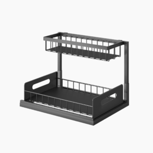 Under Sink Organizer 2 Pack, Double Slide Out Metal Shelf, Black